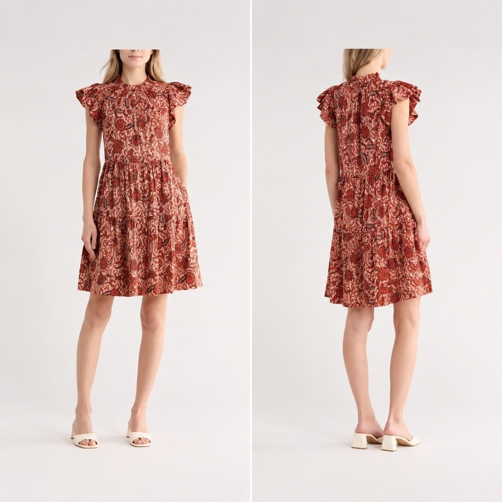 Ulla Johnson Rust Floral Tiered Midi Dress Cap Sleeve Pockets Size 4